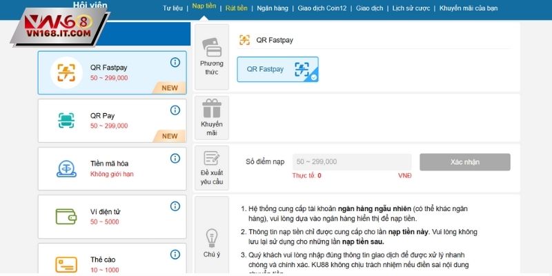 Chuyển tiền vào ví cược bằng nhiều phương thức